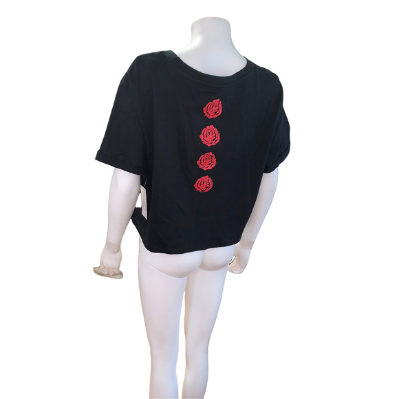 La Luna Black Skull Floral Rose Cropped T shirt XL - Picture 2 of 5